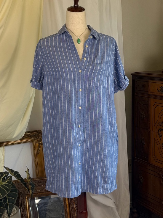 Old Navy Dresses & Skirts - Linen Blue Striped Short-Sleeve Button-Down Shirt Dress Old Nave S